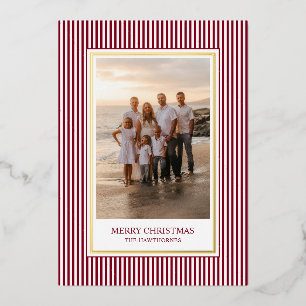 Elegant Classic Burgundy Red Stripe Photo Foil Holiday Card