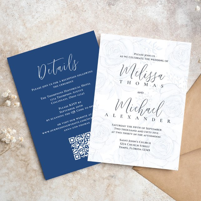 Elegant Classic Calligraphy Floral Dusty Blue RSVP Invitation (Elegant wedding invitations with blue floral pattern and taupe with QR Code)