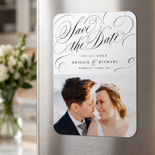 Elegant classic calligraphy photo save the date magnet