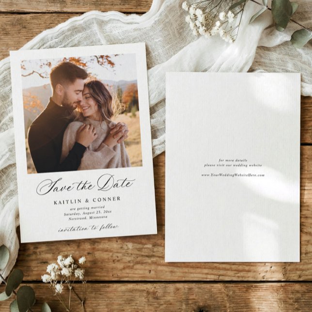 Elegant Classic Calligraphy Photo Wedding Save The Date (Formal wedding save the date with photo and refined black and white typography)