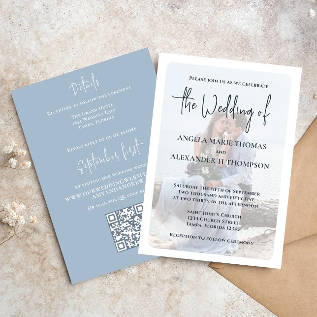 Elegant Classic Calligraphy RSVP Simple Photo Invitation (Elegant Photo overlay wedding invitation with QR code RSVP)