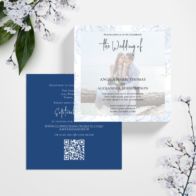 Elegant Classic Calligraphy Simple Blue RSVP Photo Invitation (Simple elegant Photo wedding invitation with a QR code for rsvp, template. )