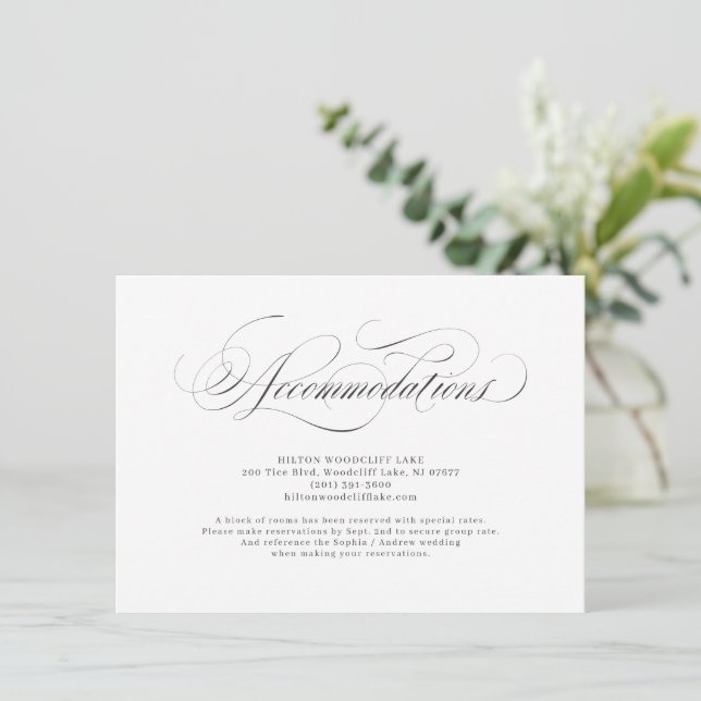 Elegant classic calligraphy wedding accommodations enclosure card (Standing Front)