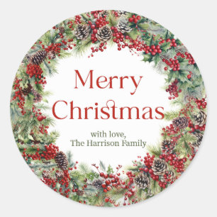 Elegant classic Christmas greenery holly berries Round Sticker
