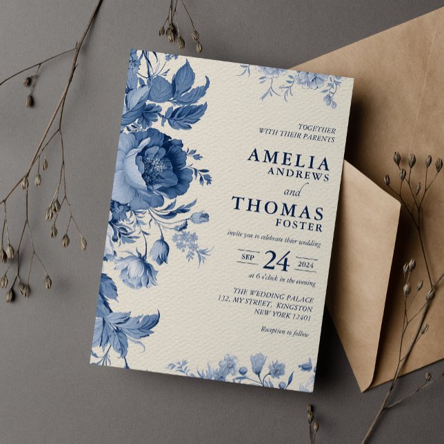 Elegant Classic Cream & French Blue Floral Wedding Invitation (Creator Uploaded)