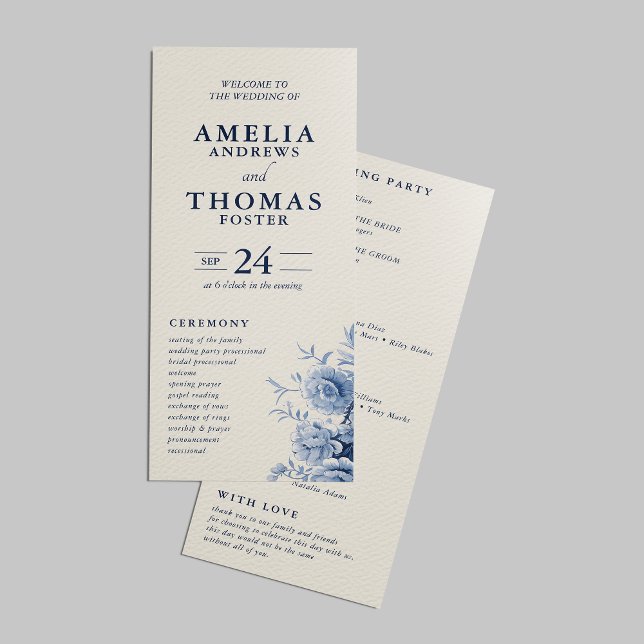 Elegant Classic Cream & French Blue Floral Wedding Program (Creator Uploaded)