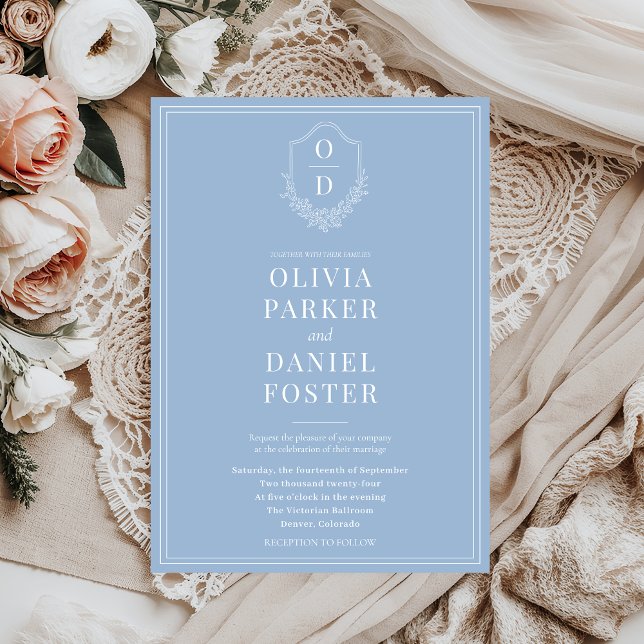 Elegant Classic Crest Dusty Blue Wedding Invitation (Creator Uploaded)