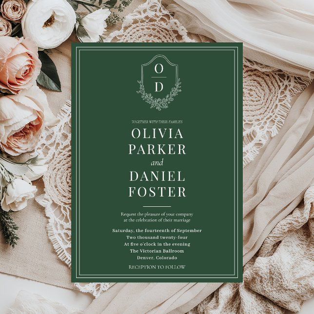 Elegant Classic Crest Emerald Green Wedding Invitation (Creator Uploaded)