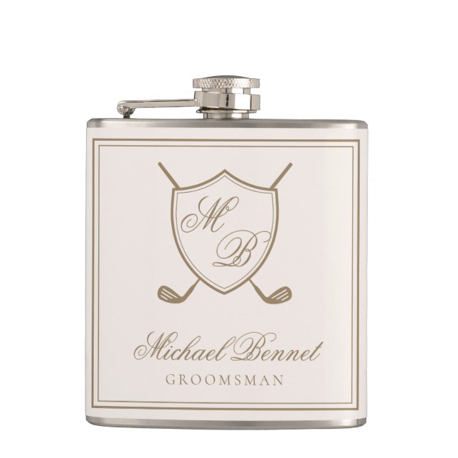 Elegant Classic Crest Monogram Golf Wedding Hip Flask (Front)