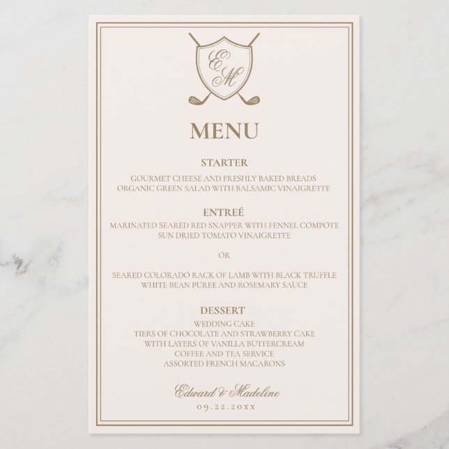 Elegant Classic Crest Monogram Golf Wedding Menu (Front)