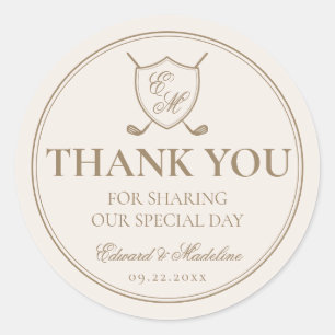 Elegant Classic Crest Monogram Golf Wedding Round Sticker
