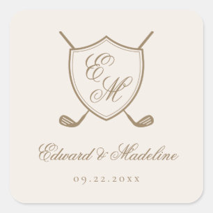 Elegant Classic Crest Monogram Golf Wedding Square Sticker