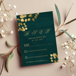 Elegant classic dark green gold eucalyptus RSVP Invitation