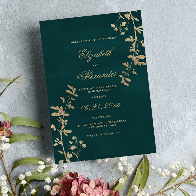  Elegant classic dark green gold floral wedding Invitation (Elegant classic dark green gold floral wedding )