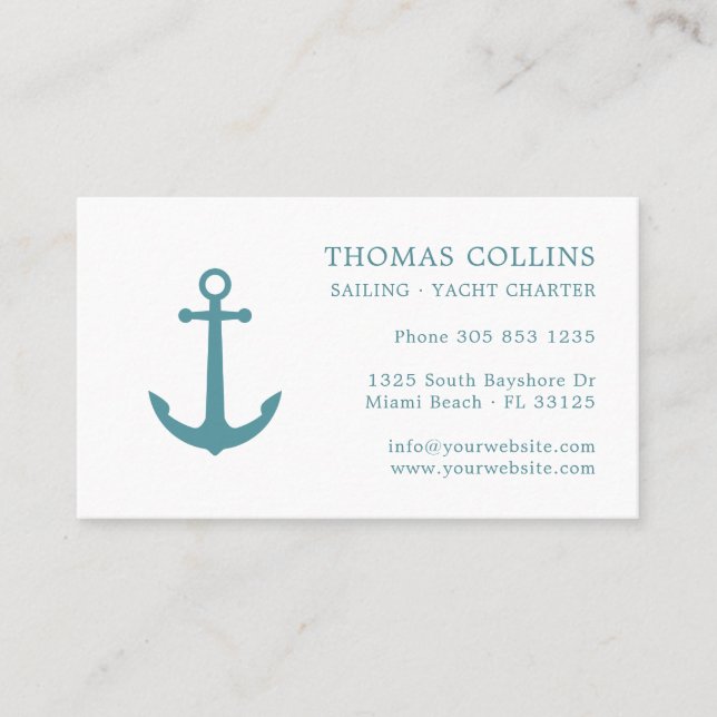 Elegant Classic Deep Aqua Nautical Anchor Logo Business Card (Front)