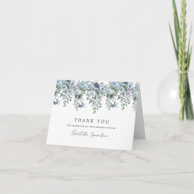 Elegant Classic Dusty Blue Floral 100th Birthday Thank You Card (Front)