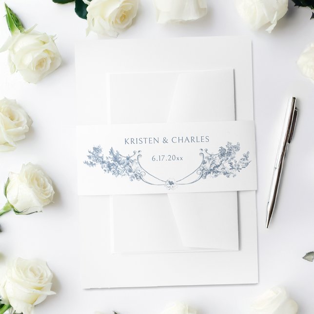Elegant Classic Dusty Blue French Floral Invitation Belly Band (Creator Uploaded)