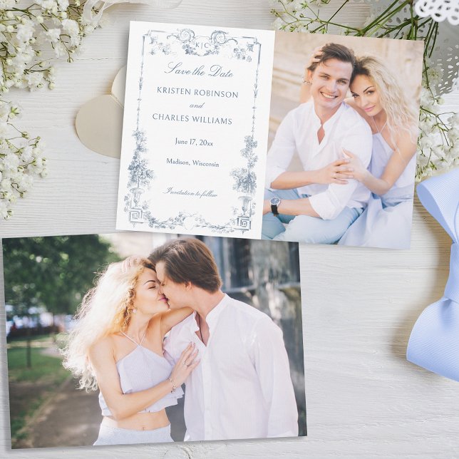 Elegant Classic Dusty Blue French Floral Save The Date (Creator Uploaded)