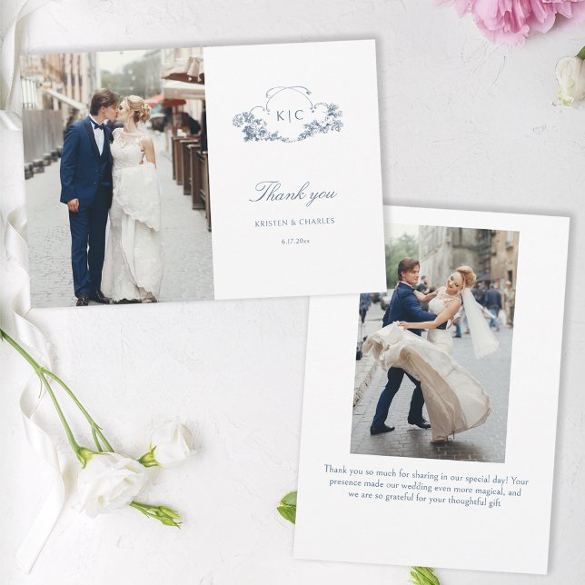 Elegant Classic Dusty Blue French Floral Thank You Card (Creator Uploaded)