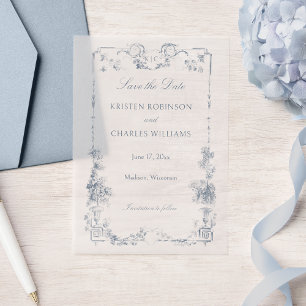 Elegant Classic Dusty Blue French Floral Vellum Invitations