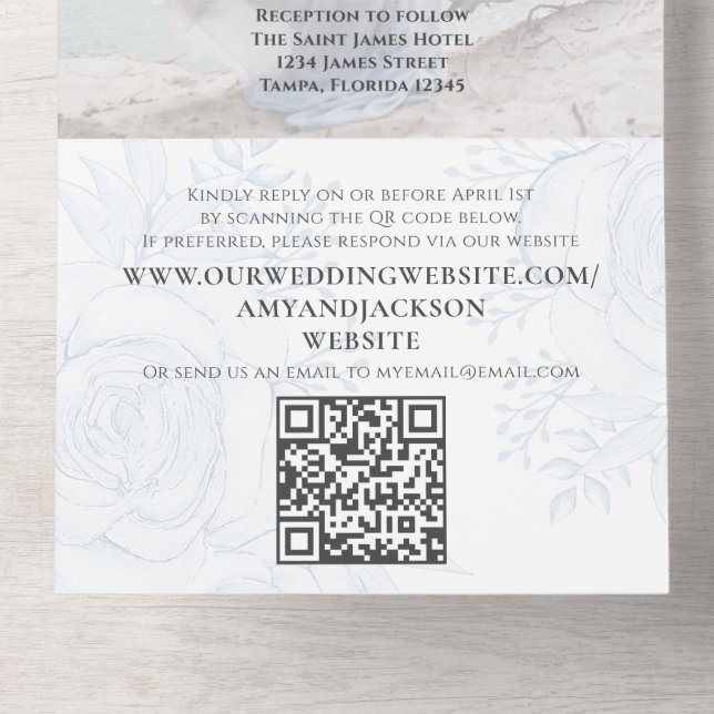 Elegant Classic Dusty Blue QR Code Floral RSVP All In One Invitation (Inside Bottom)