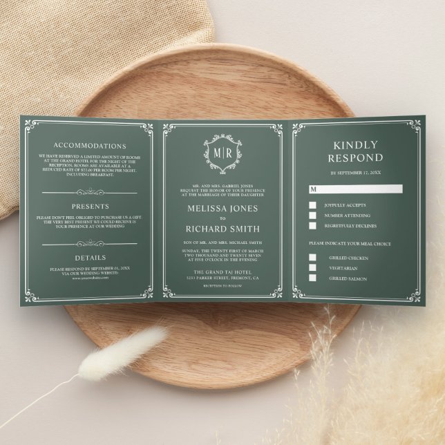 Elegant Classic Dusty Green Monogram Wedding Tri-Fold Invitation (Creator Uploaded)