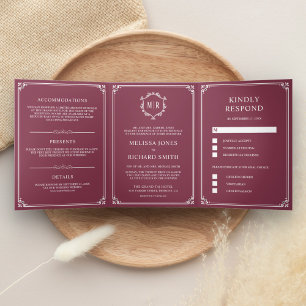 Elegant Classic Dusty Pink Monogram Wedding Tri-Fold Invitation