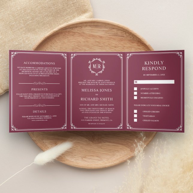 Elegant Classic Dusty Pink Monogram Wedding Tri-Fold Invitation (Creator Uploaded)