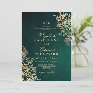 Elegant Classic Emerald Green Gold Floral Wedding Invitation