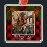 Elegant classic family photo red plaid pinecone metal ornament<br><div class="desc">Rustic country up-north feeling ! Red and black plaid - pine cones - holiday cheer,  elegant script calligraphy text! Customisable - change text style add your own photo,  make it your own!</div>