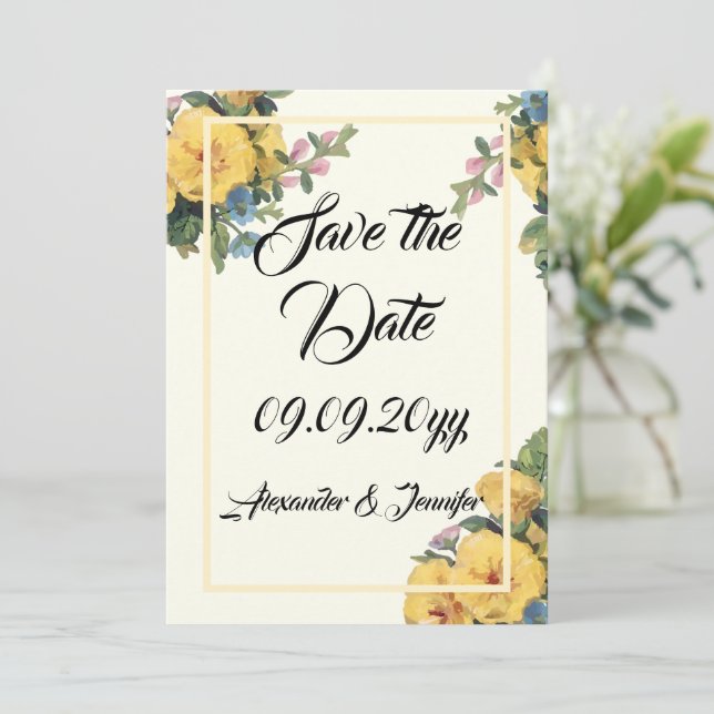 Elegant classic floral yellow save the date  invitation (Standing Front)