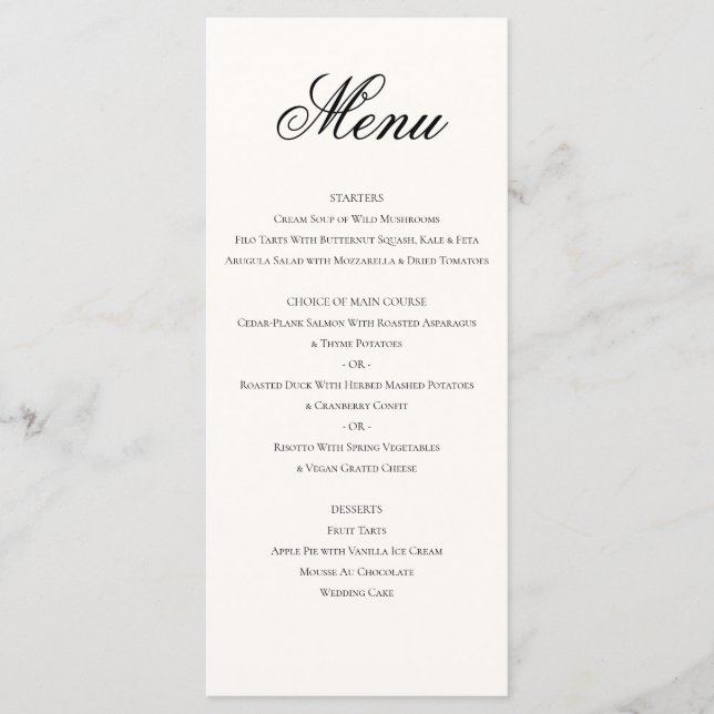 Elegant Classic Formal Black Cream Wedding Dinner Menu (Front)