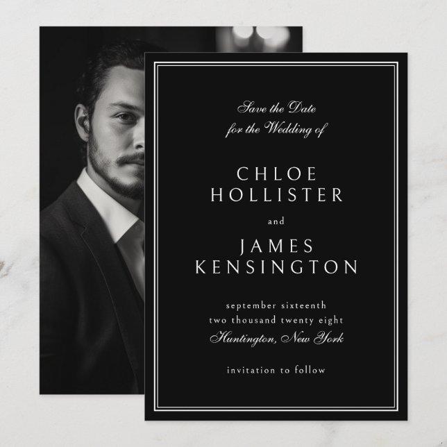 Elegant Classic Formal Black Photo Wedding Save The Date (Front/Back)