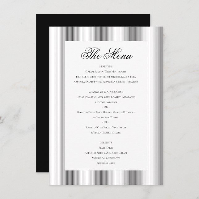Elegant Classic Formal Black White Wedding Dinner Menu (Front/Back)