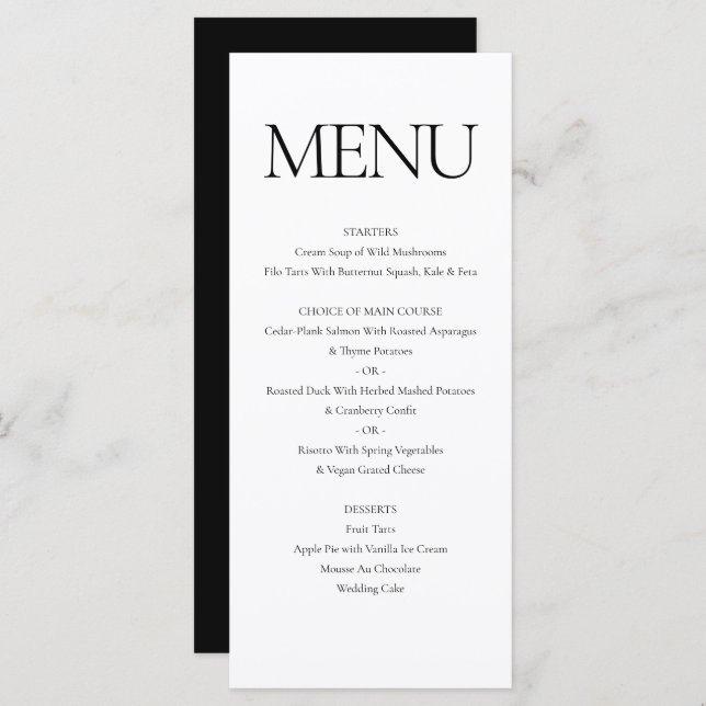 Elegant Classic Formal Black White Wedding Dinner Menu (Front/Back)