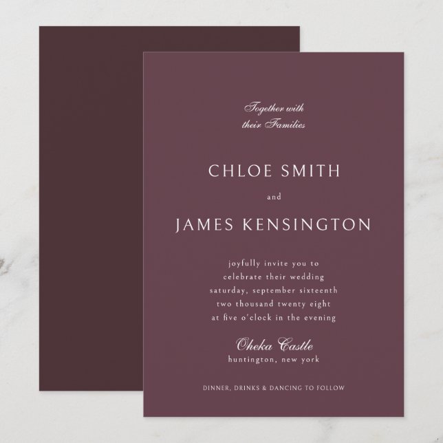 Elegant Classic Formal Dark Mauve Wedding  Invitation (Front/Back)