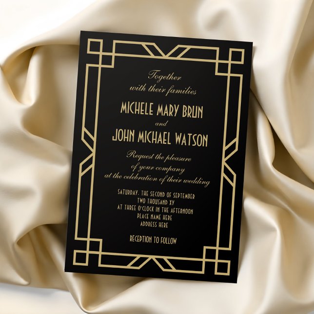 Elegant Classic Frame Art Deco Gold Black Wedding Invitation (Creator Uploaded)