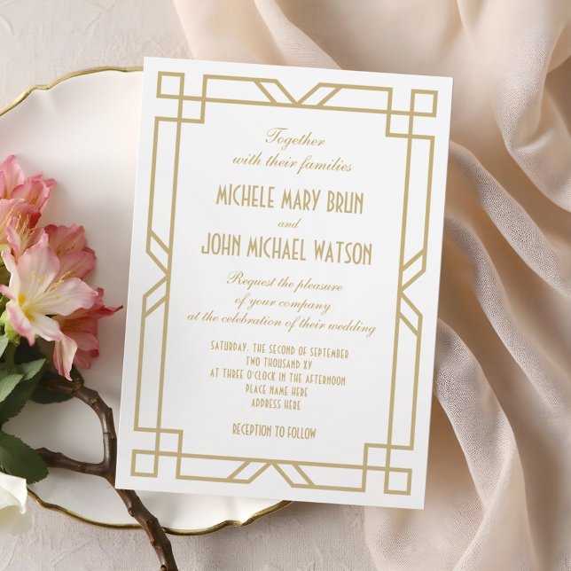Elegant Classic Frame Art Deco Gold White Wedding Invitation (Creator Uploaded)