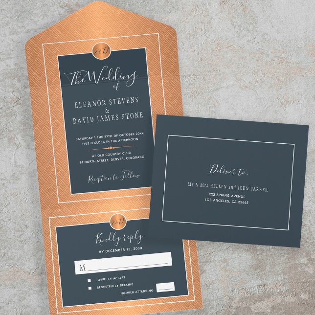 Elegant classic glam navy copper gold wedding all in one invitation (Creator Uploaded)