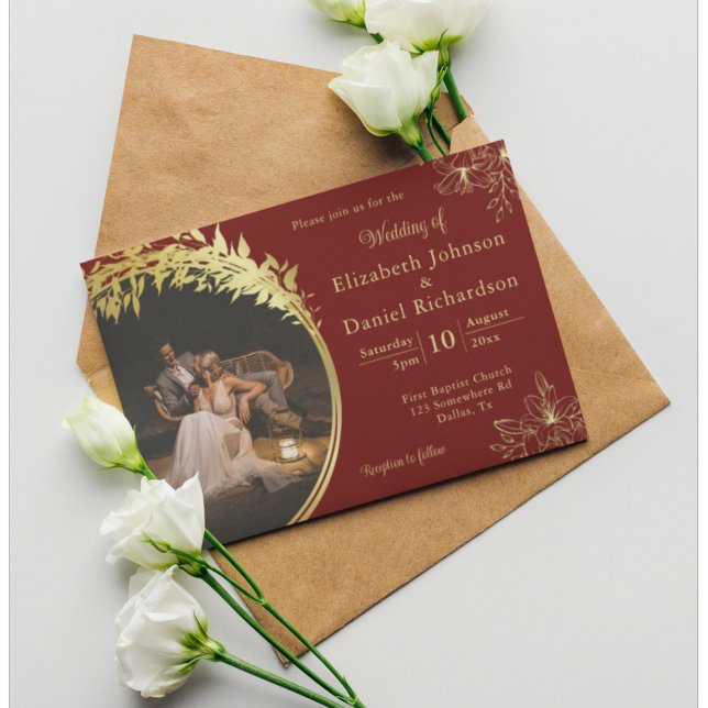 Elegant Classic Gold, Burgundy Photo Wedding Invitation (Creator Uploaded)