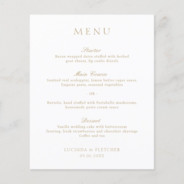 Elegant Classic Gold Formal Wedding Menu (Front)
