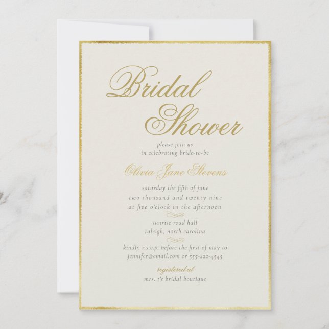 Elegant Classic Gold Frame Ecru Bridal Shower Invitation (Front)