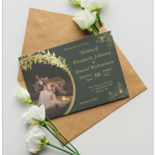 Elegant Classic Gold, Green Photo Wedding Invitation