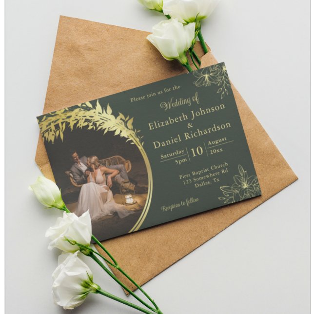 Elegant Classic Gold, Green Photo Wedding  Invitation (Creator Uploaded)