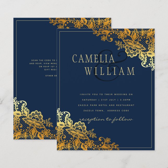 Elegant Classic Gold Lace Blue Wedding Invite (Front/Back)