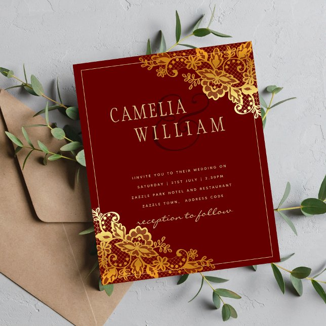 Elegant Classic Gold Lace Burgundy Wedding Invite Flyer (Creator Uploaded)