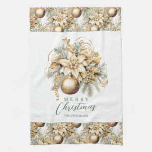Elegant classic gold mint luxury Christmas bouquet Tea Towel