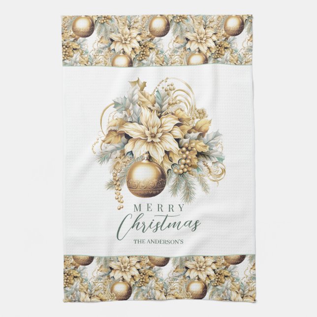 Elegant classic gold mint luxury Christmas bouquet Tea Towel (Vertical)