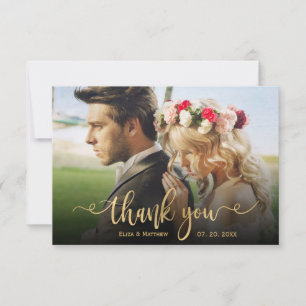 Elegant Classic Gold Script Photo Overlay Wedding Thank You Card