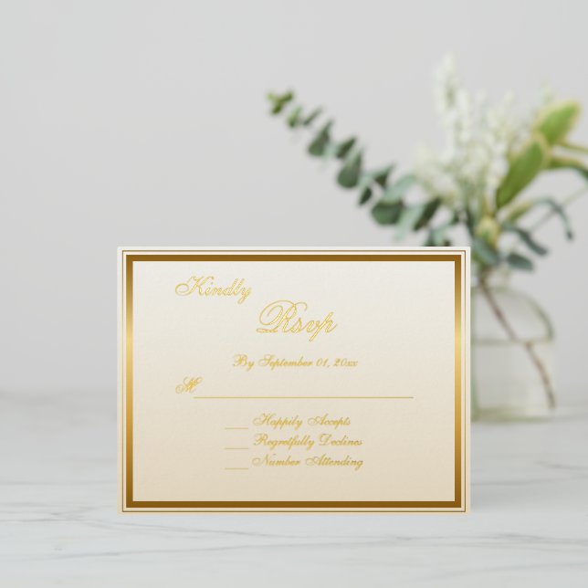 Elegant Classic Gold Script Wedding RSVP Card (Standing Front)